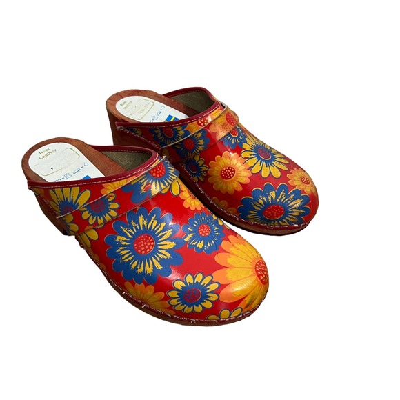 Moheda Toffeln Women's Real Leather Slip On Floral Wooden Clogs Sz 41 Multicolor - Picture 2 of 10